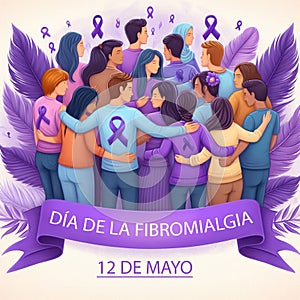 Fibromyalgia day in spanish may 12. Embraced people with purple ribbons photo