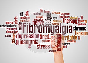 Fibromyalgia word cloud and hand with marker concept photo