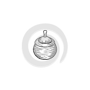 Fictile, earhen hand made pot with soup, sauce, meat cooking baked in black isolated on white background. Hand drawn vector sketch photo