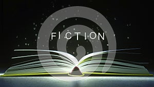 FICTION caption made of glowing letters from the open book. 3D rendering