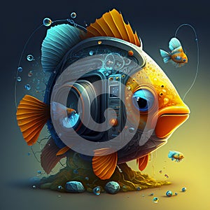 Fiction Character Cute Colorful Fish with a Fish Tank Inside it and a Fishing Lure