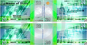 Fictional banknotes on the theme `Around the world`. Blank forms for banknotes.