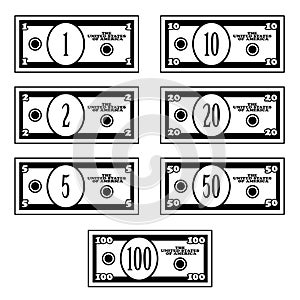 Fictional black white dollar banknotes