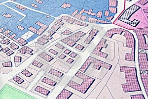 FICTIONAL CADASTRAL AND URBAN PLANNING MAP - Showing zoning laws, land use, building limits, property boundaries photo