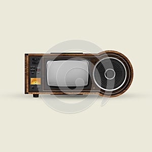 Fictional, created model of retro tv set with blank grey screen isolated over white background. Vintage, fashion cycle