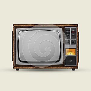 Fictional, created model of retro tv set with blank grey screen isolated over white background. Vintage, fashion cycle