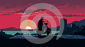 Fictional Landscape: Man Riding Scooter In Sunset Poster Art