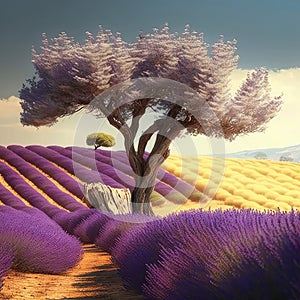 Fictional landscapes of lavender fields, farms, and agriculture made with high-quality generative AI.
