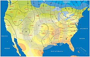 Fictional map of the usa temperature barometric pressure wind speed wind direction