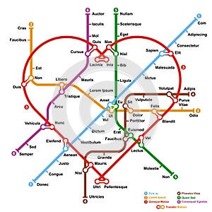 Fictional metro map in shape of heart