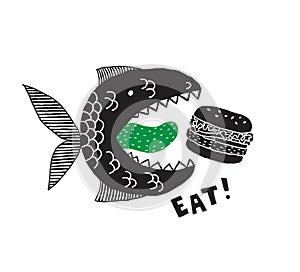 A fictional monster fish with an open mouth and tongue. Burger in its mouth. Phrase Eat. Conceptual design for t-shirts