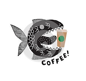 A fictional monster fish with an open mouth and tongue. A cup of coffee in his mouth. Phrase Coffee. Conceptual design