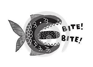 A fictional monster fish with an open mouth and tongue. Phrase Bite. Conceptual design for t-shirts and other merch