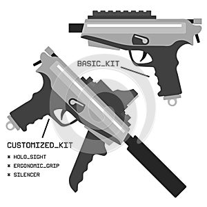 Fictional realistic isolated modern pistol. Modifiable combat handgun set for game