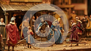 Fictional scene of William Shakespeare for 500th anniversary represent his plays and the Elizabethan theater. Diorama.