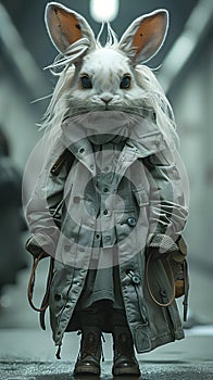 A fictional white rabbit with long whiskers and fur wearing a coat and boots