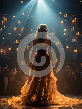 Fictional woman artist in dress on big stage of luxury concert hall AI