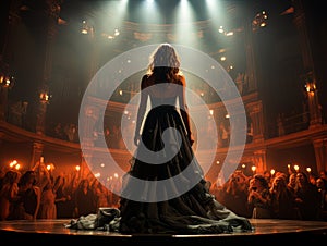 Fictional woman artist in dress on big stage of luxury concert hall AI