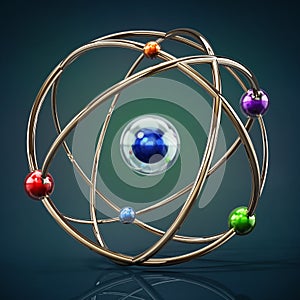 Fictitious atom model with core and orbiting spheres. 3D illustration