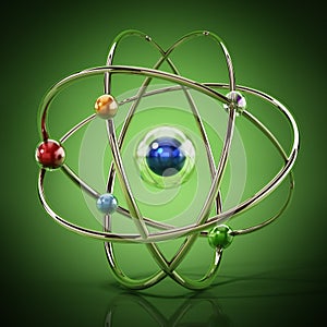 Fictitious atom model with core and orbiting spheres. 3D illustration
