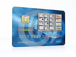 Fictitious credit card with ATM keypad. 3D illustration