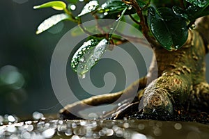 Ficus ginseng bonsai with water drops