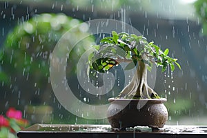 Ficus ginseng bonsai with water drops