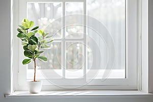 Ficus lyrata against the window in a white, bright interior. AI generated