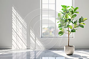 Ficus lyrata against the window in a white, bright interior. AI generated photo