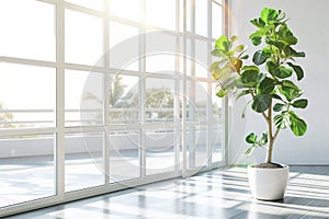 Ficus lyrata near the window in a white, bright interior. AI generate photo