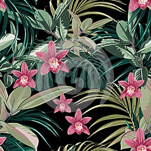 Ficus, palm leaves and pink orchid flowers seamless pattern, tropical foliage, branch, greenery