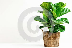 Fiddle Leaf Fig (Ficus Lyrata) in Flowerpot Closeup, Fiddle Leaf Fig Ficus Macro House Plant in Flowerpot photo