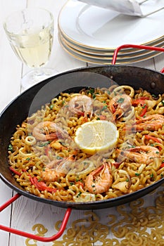 Fideua de marisco, seafood pasta paella, spanish cuisine photo