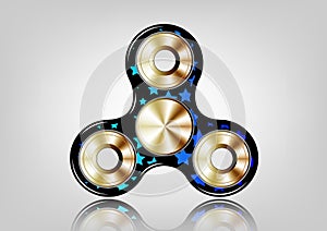 Fidget spinner icon - toy for stress relief and improvement of attention span. Filled gold metal , blue stars and black color.