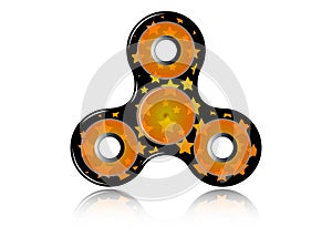 Fidget spinner icon - toy for stress relief and improvement of attention span. Filled orange stars and black color.