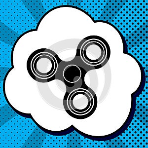 Fidget spinner sign. Vector. Black icon in bubble on blue pop-art background with rays.. Illustration.