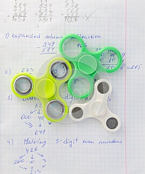 Fidget spinner stress relieving toy on notebook background