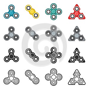 Fidget spinner toy vector color and line icon set