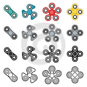 Fidget spinner toy vector color and line icon set