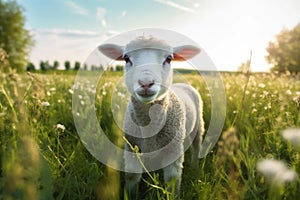 field animal sheep farm grass green lamb sun meadow wool. Generative AI.