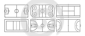 Field of basketball, soccer, hockey, volleyball and tennis. Sport court in line style. Vector icon top view. Outline set for