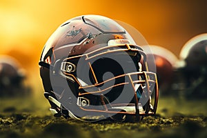 Field battle Football gear, helmet on the intense playing background
