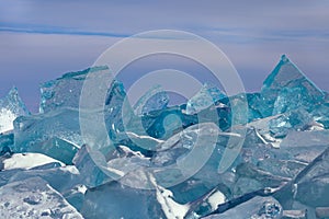 Field of big blockes of broken ice in winter