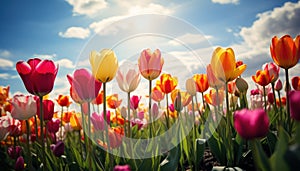 Field of Blooming Colorful Tulips - Generative Ai