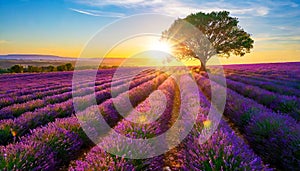 Field of Blooming Purple Lavender with Sunbeams Behind a Tree - Generative Ai