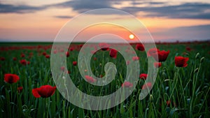 Field with blooming red poppies at sunset time