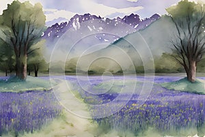 A field of bluebells with distant mountains - Watercolour Painting. Generative AI