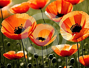 A field of bright orange poppies swaying in the wind.