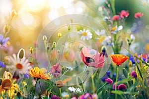 Field Bursting With Colorful Wildflowers and Daisies