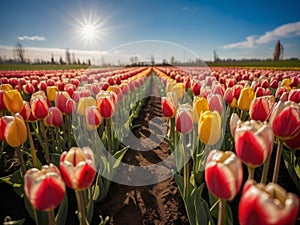 A field of colorful tulips under a bright blue sky on a sunny day, generative ai